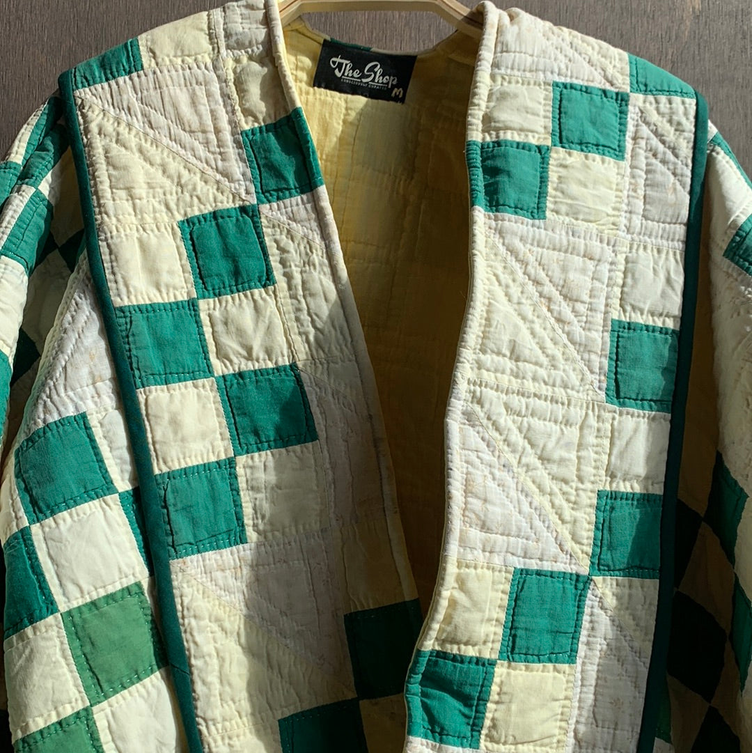 Vintage Quilt Coat with Green Squares and Trim