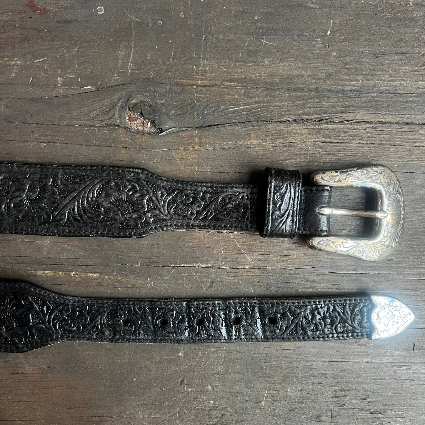 Tooled Black Leather Belt with Silver Buckle