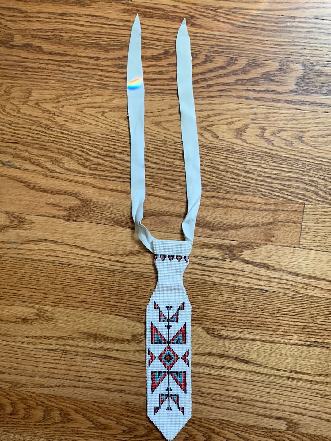 Lakota white, red & turquoise beaded tie