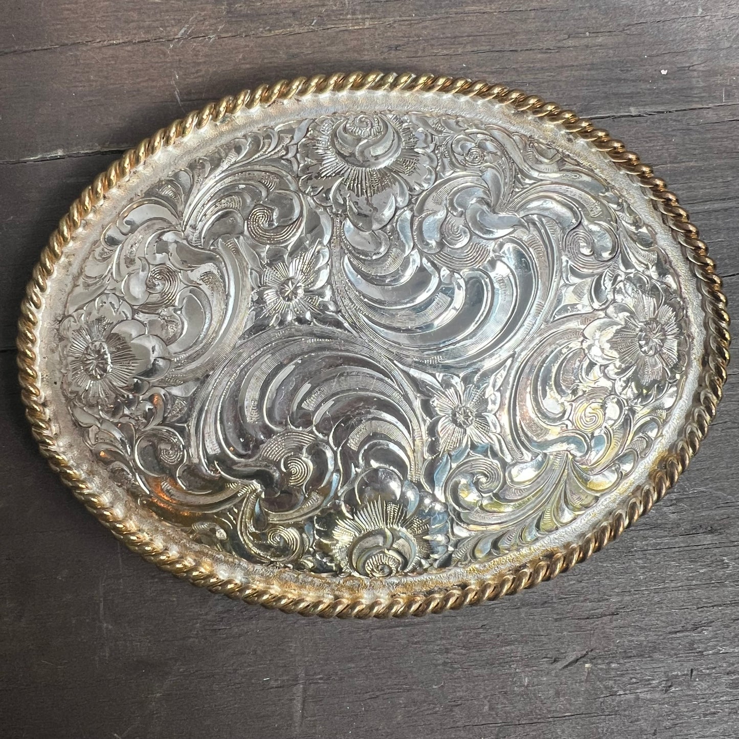 Large Silver Belt Buckle with Bronze Trim