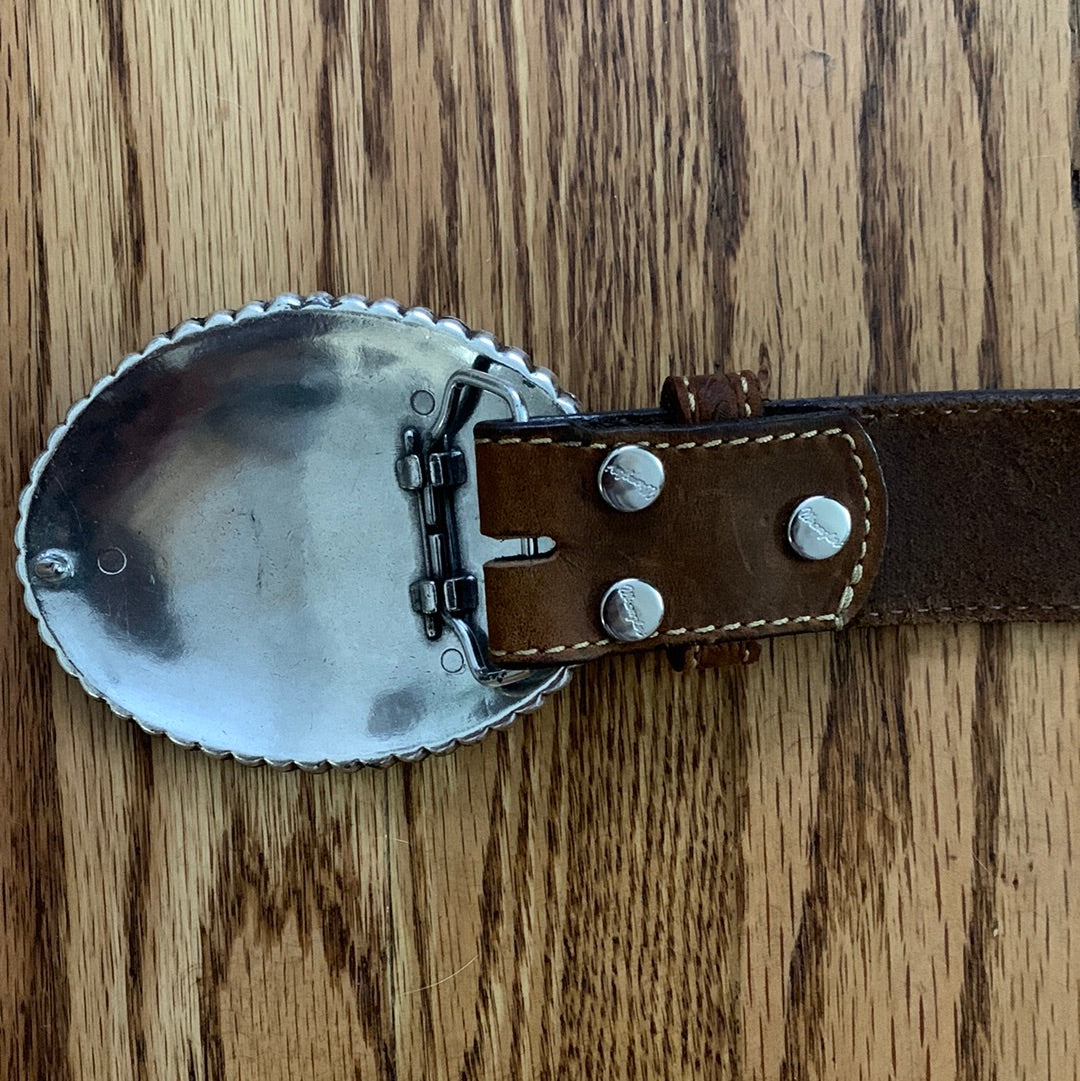 Wrangler leather belt with silver & gold cowboy buckle