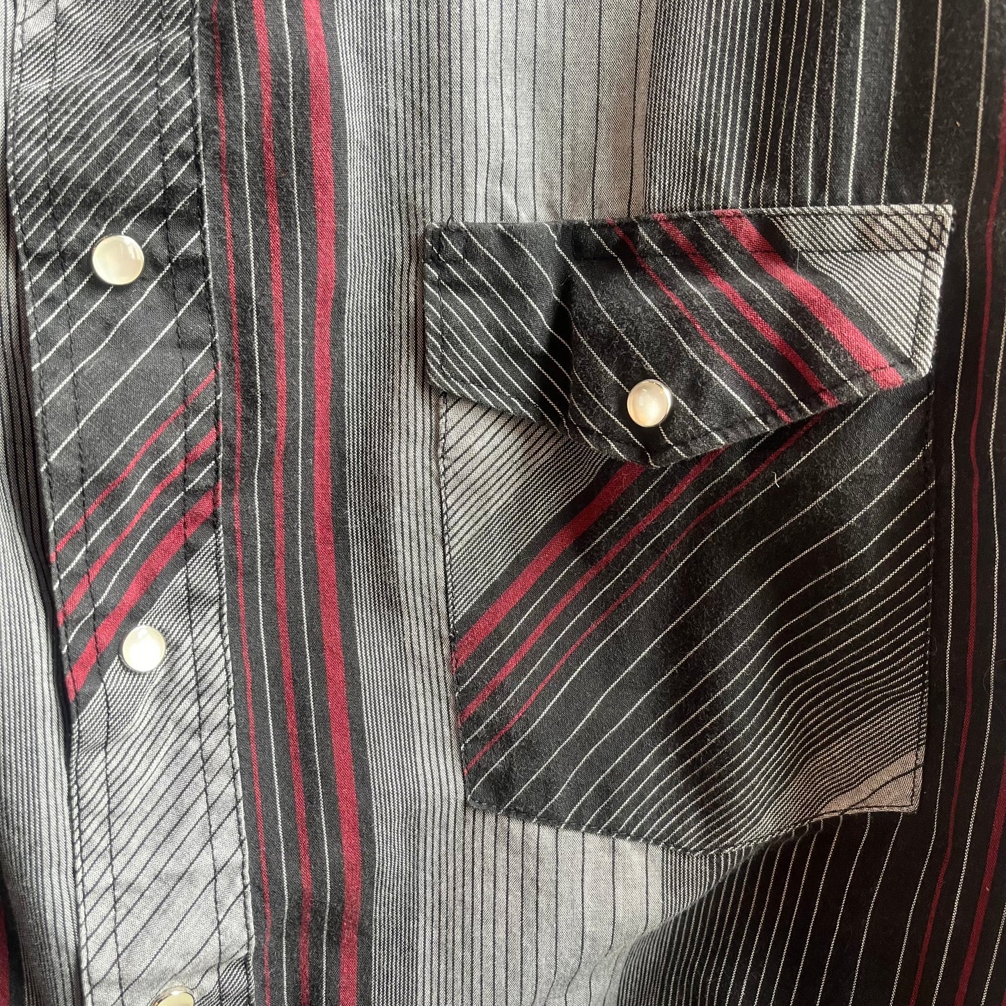 Grey Red and Black Striped Wrangler Pearl Snap