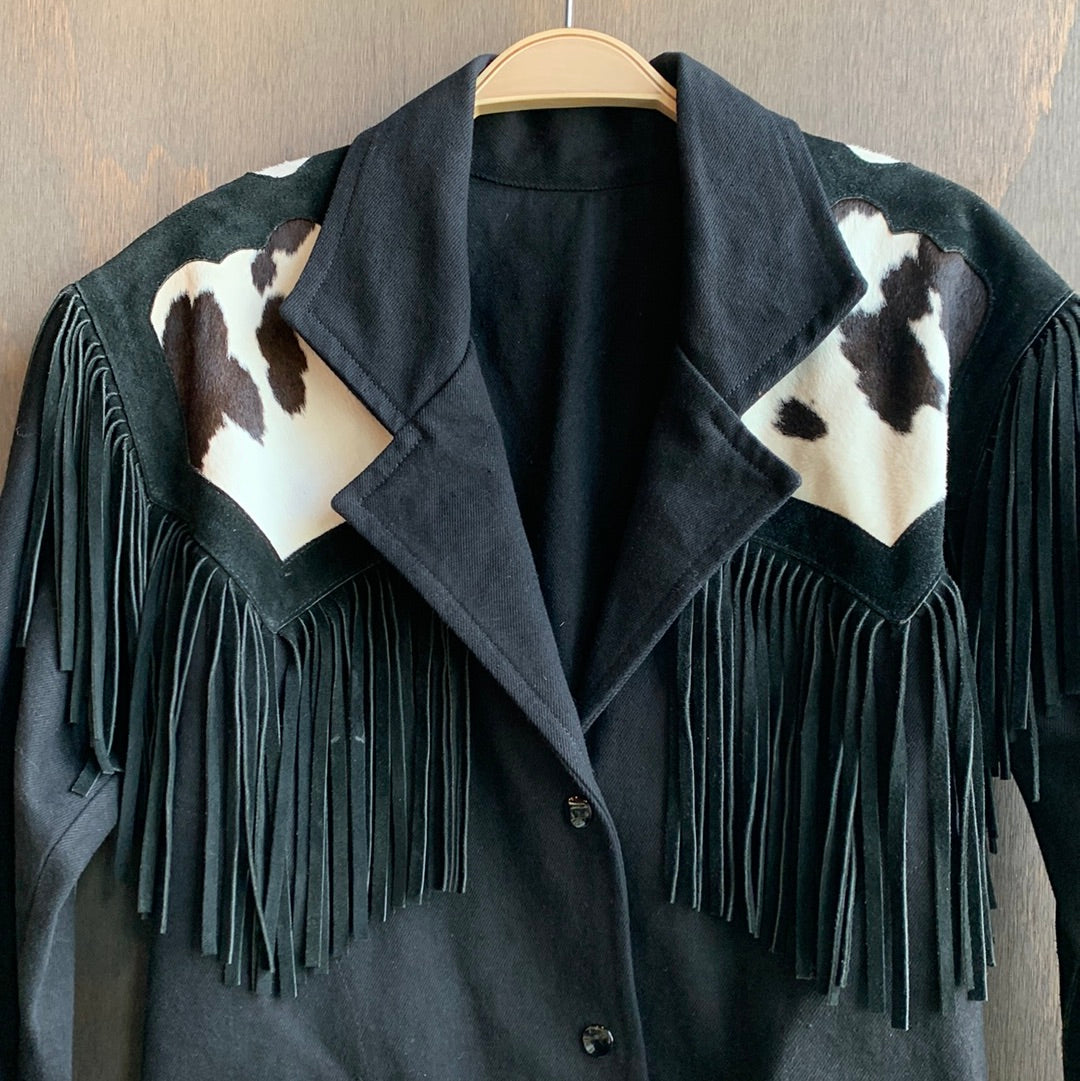 Cow Hide black denim jacket with fringe