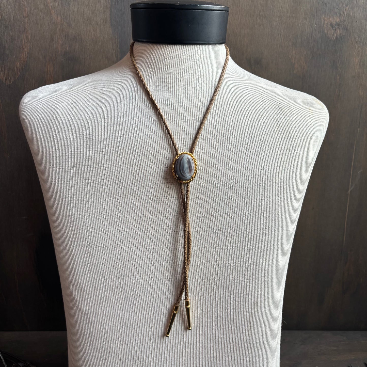 Botswana Agate Bolo on Beige Tie
