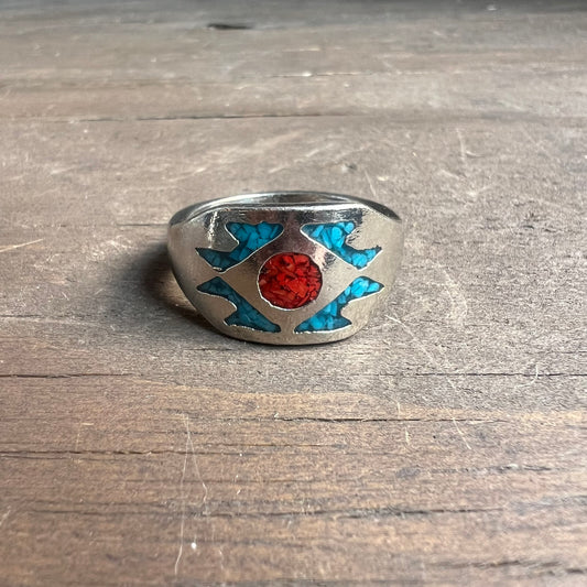 Faux Silver Turquoise and Jasper Chip Southwestern Ring