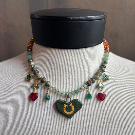 Ostrich Moon Green Heart Charm Necklace