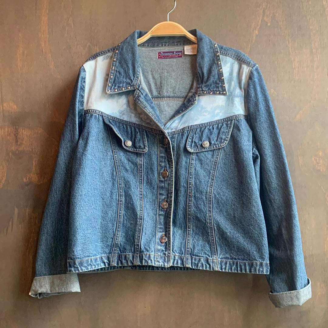 Vintage studded collar denim jacket with image woman on back