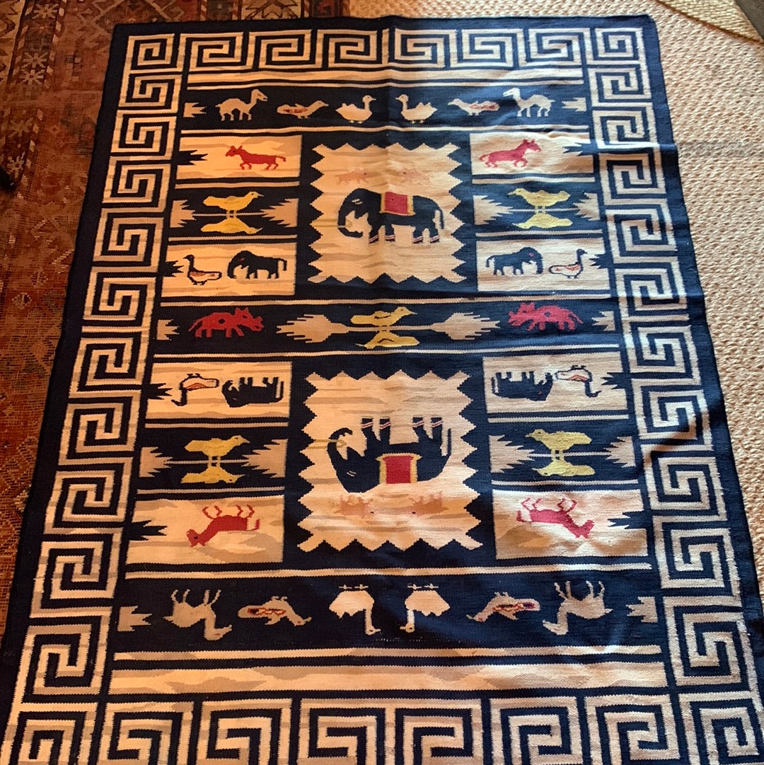 Blue & cream Kilim animal pattern rug