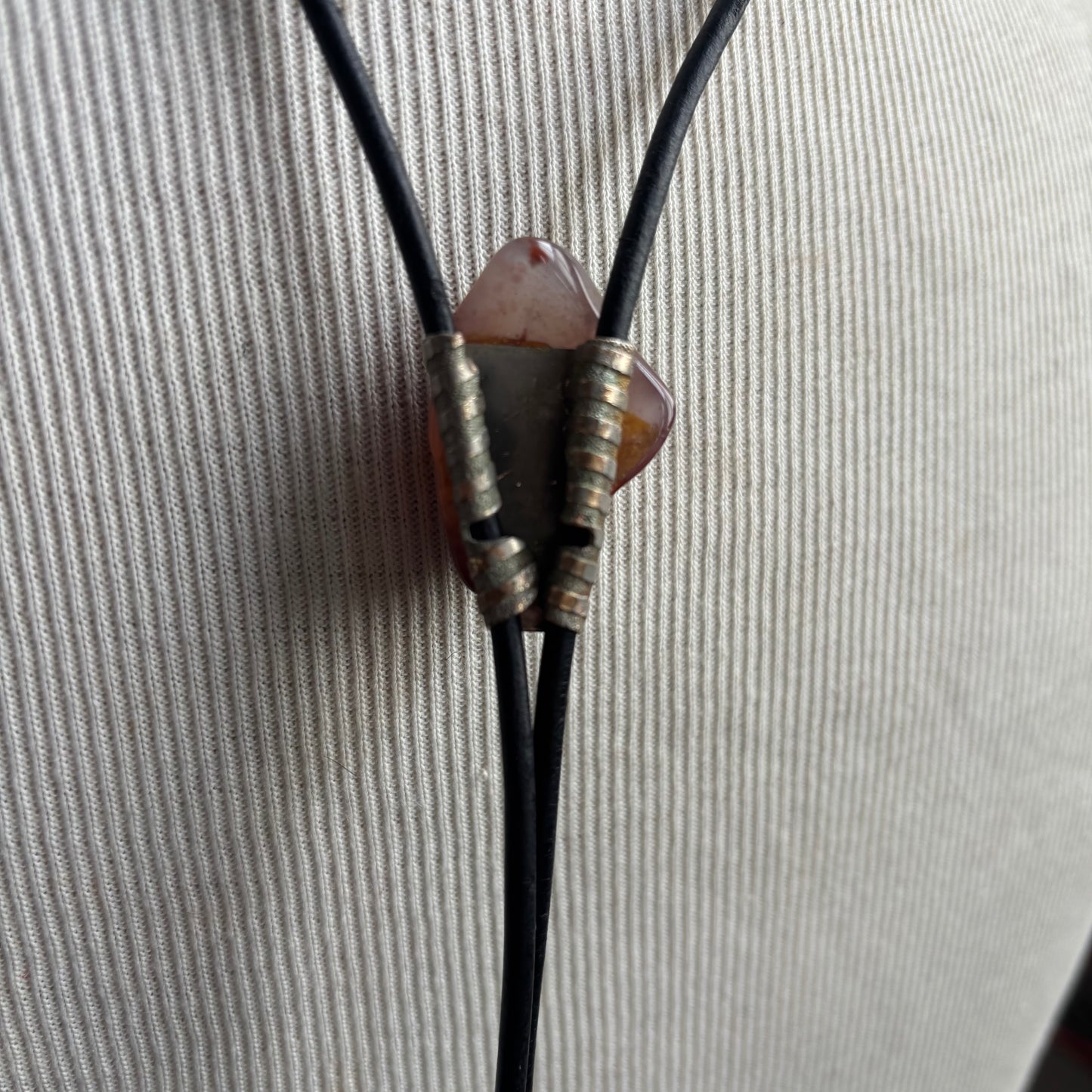 Pink Glass Bolo on Black Leather Tie