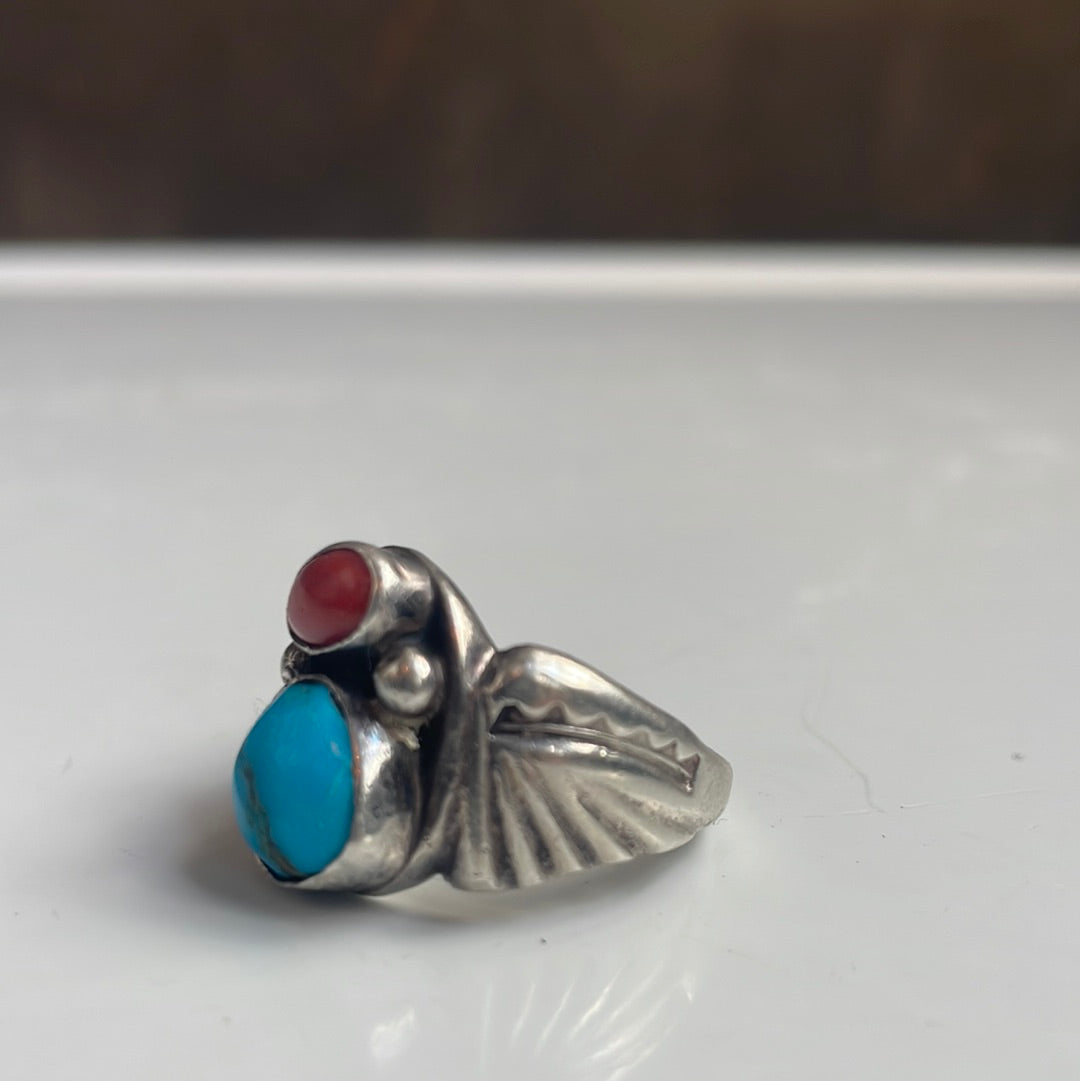 Sterling Silver, Turquoise, Coral Ring