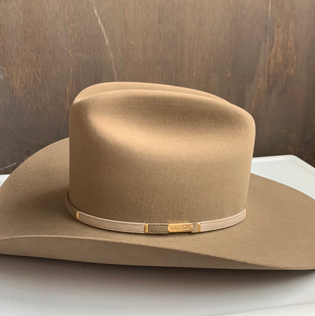 Taupe Stetson “Skyline” cowboy hat with beige, taupe & gold band