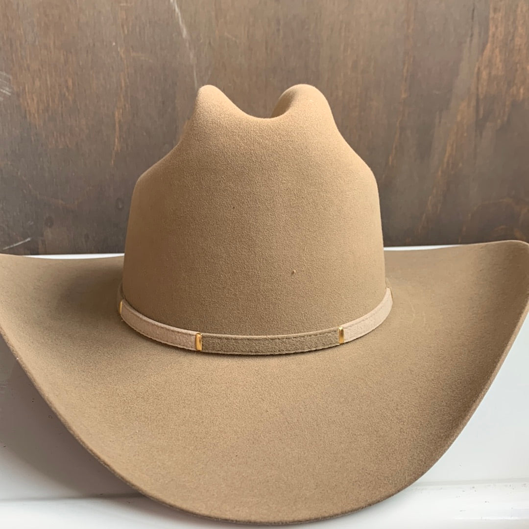 Taupe Stetson “Skyline” cowboy hat with beige, taupe & gold band