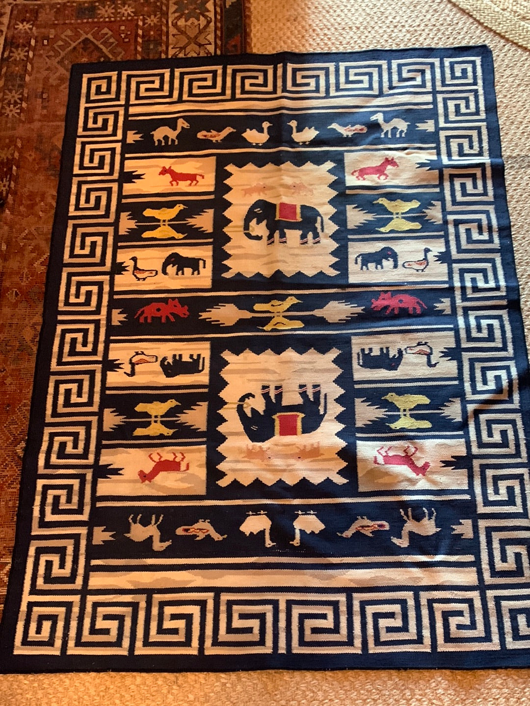 Blue & cream Kilim animal pattern rug