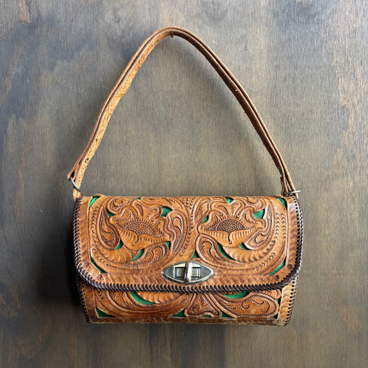 Vintage Tooled Leather Bag with Green Accent