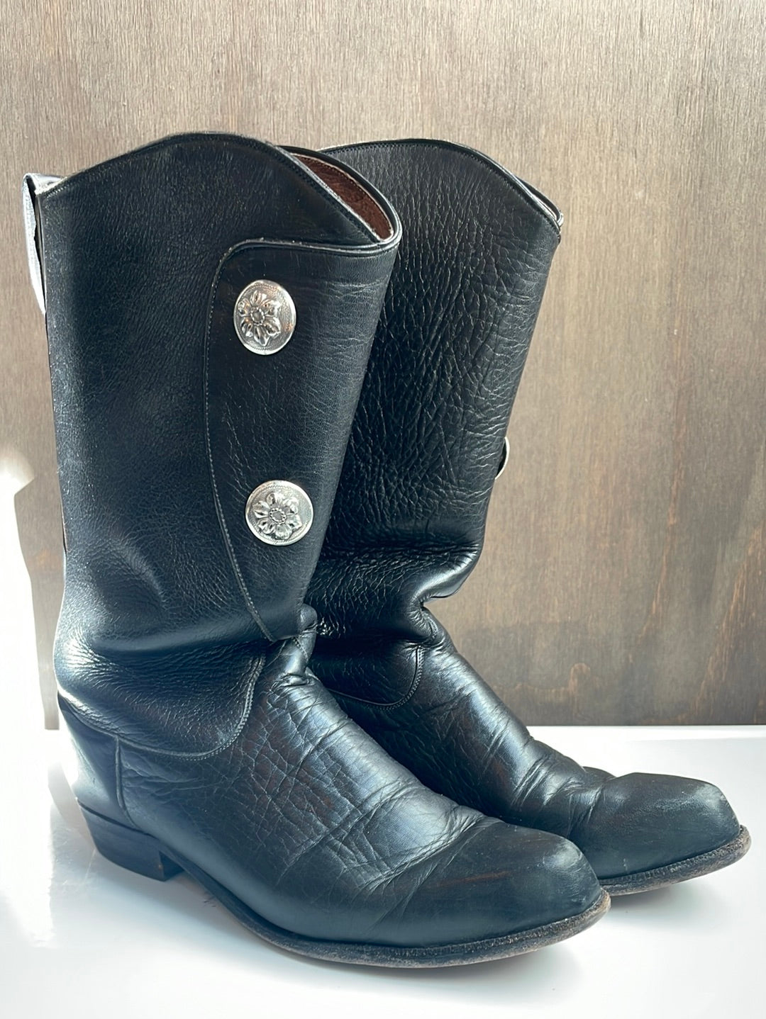 Vintage Tony Lama Black Leather Boots with Silver Decorative Buttons