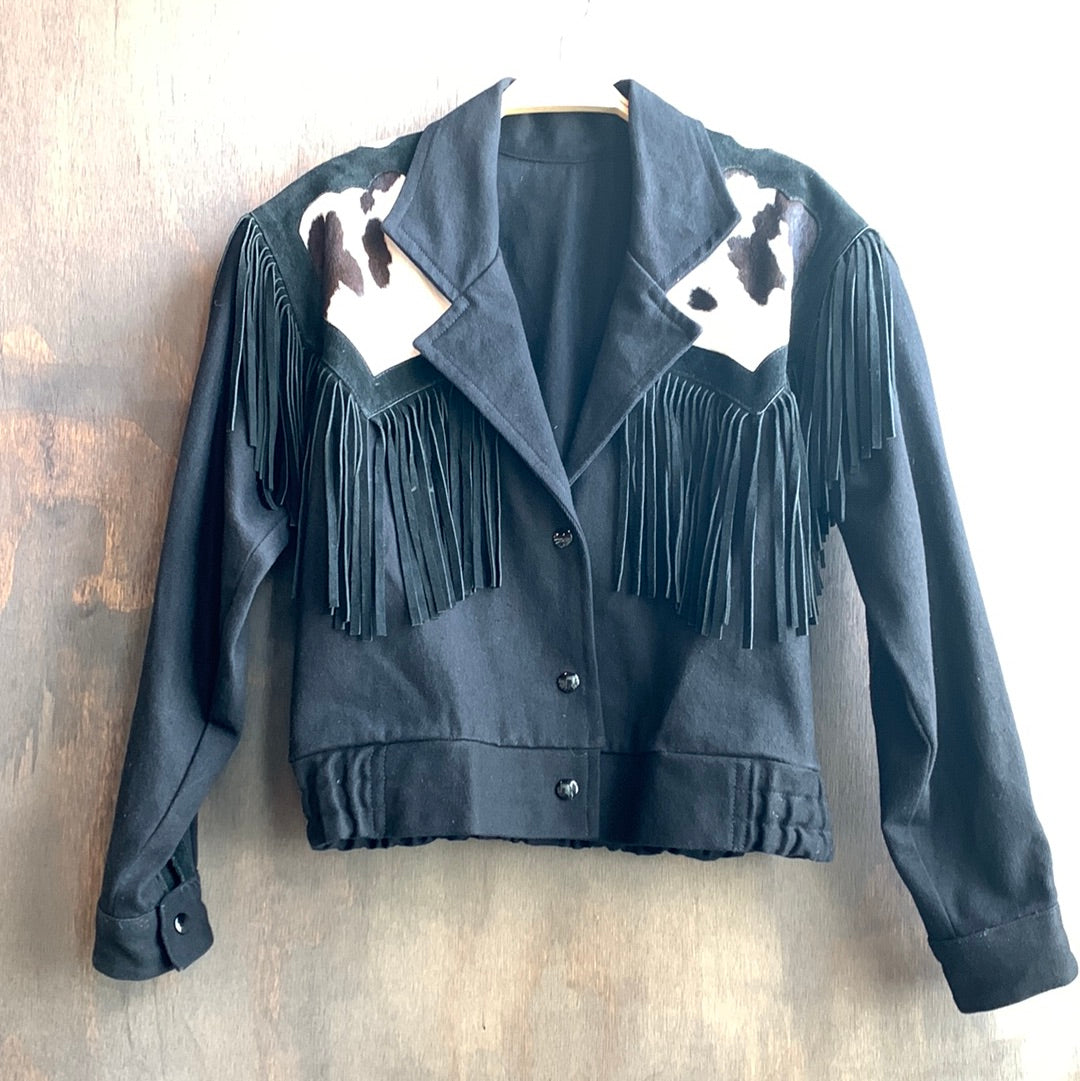 Cow Hide black denim jacket with fringe