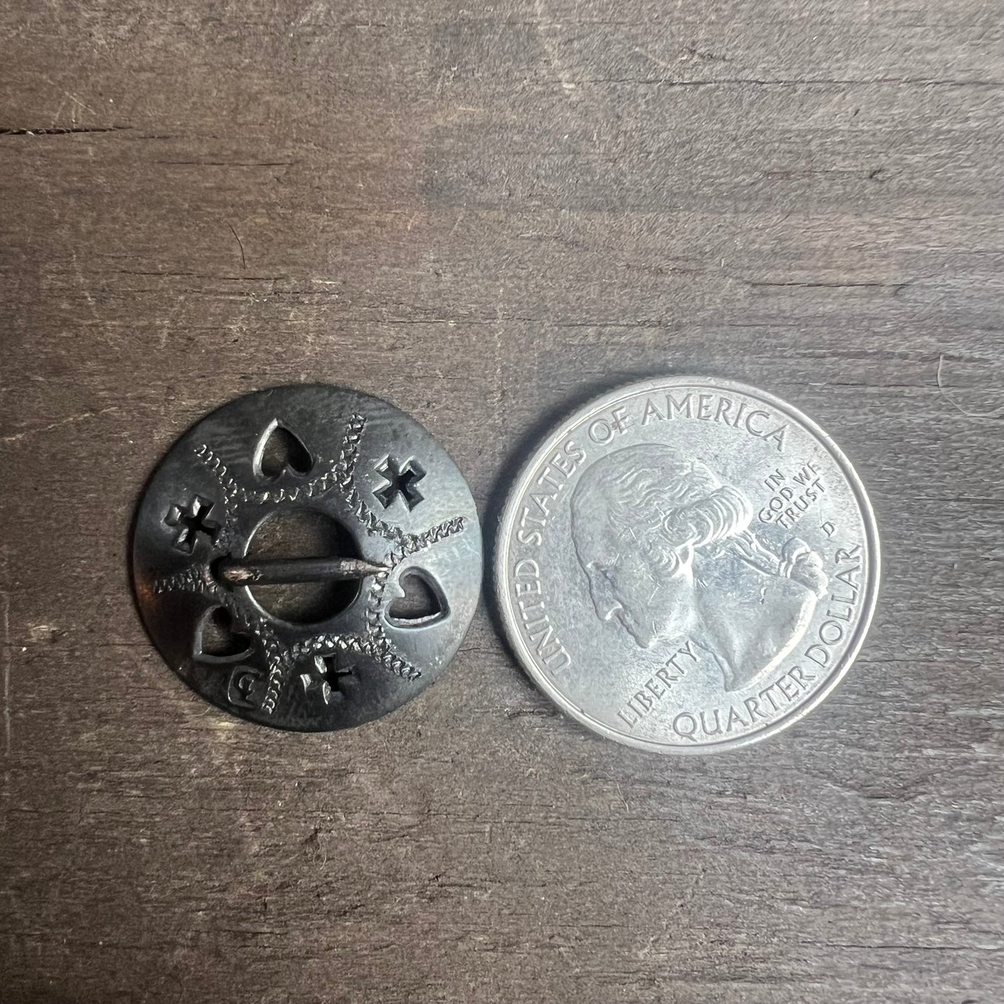 Vintage Circle Pin with Crosses and Hearts