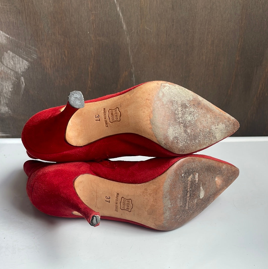 Red Suede Manolo Blahnik Heeled Booties