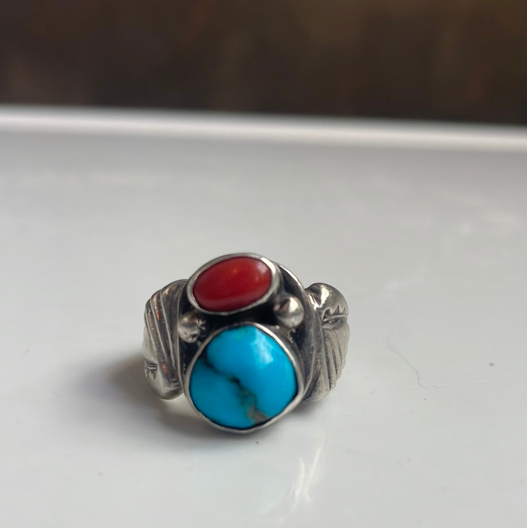 Sterling Silver, Turquoise, Coral Ring