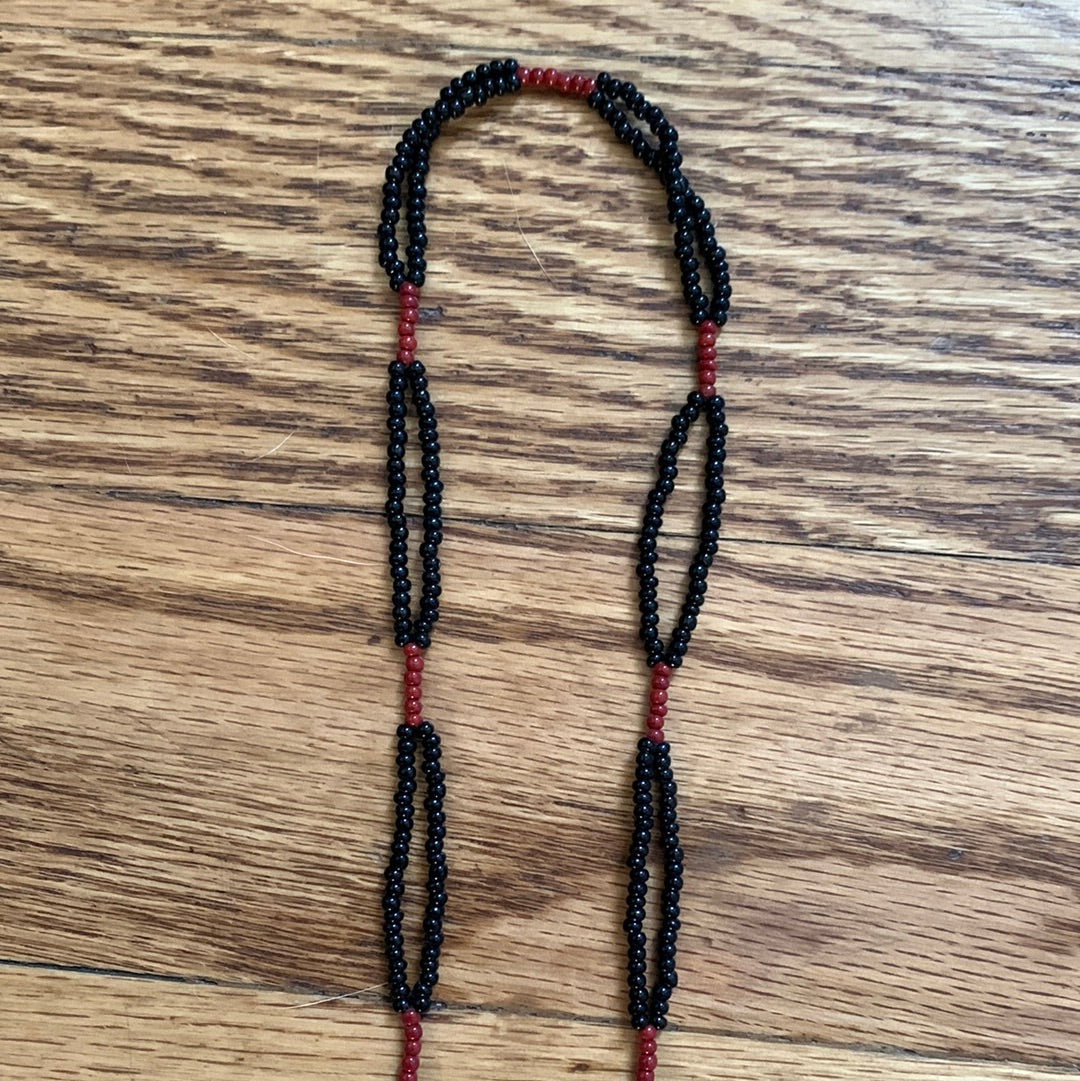 Beaded burgundy, white & black medallion necklace with fringe