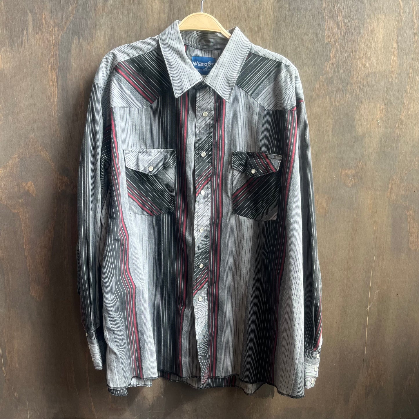 Grey Red and Black Striped Wrangler Pearl Snap