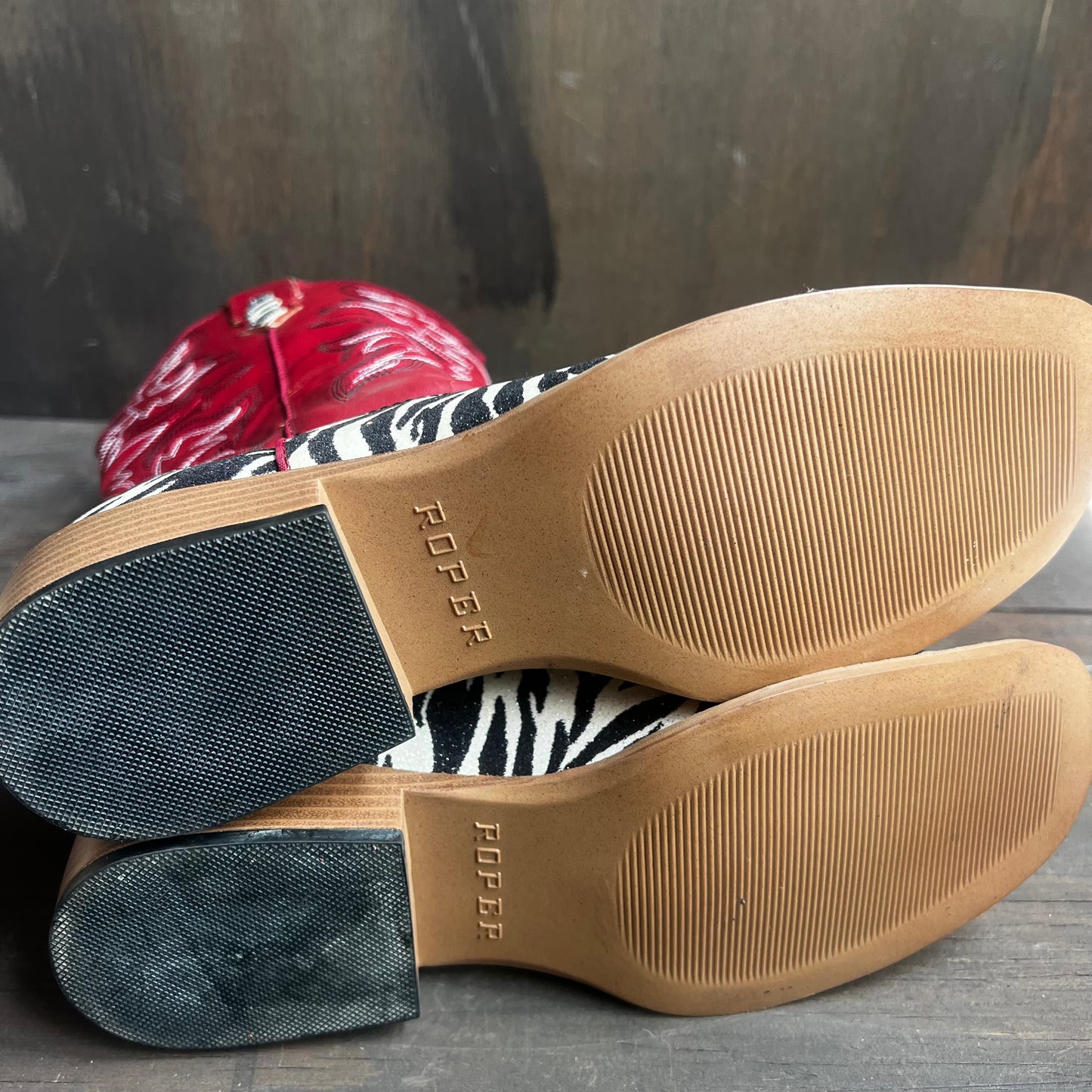 Roper Shimmery Zebra and Red Leather Boots