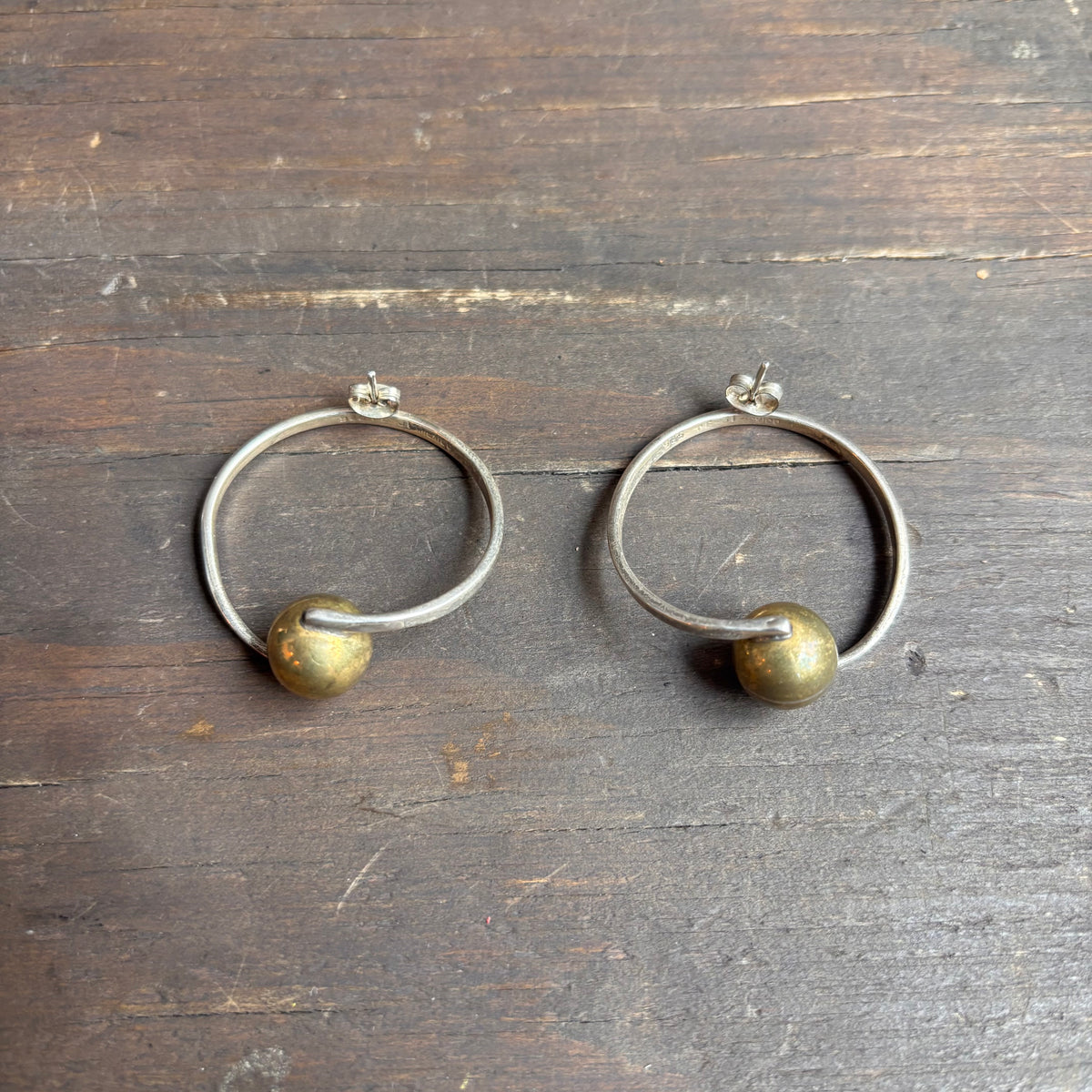 Silver Hoops with Brass Ball
