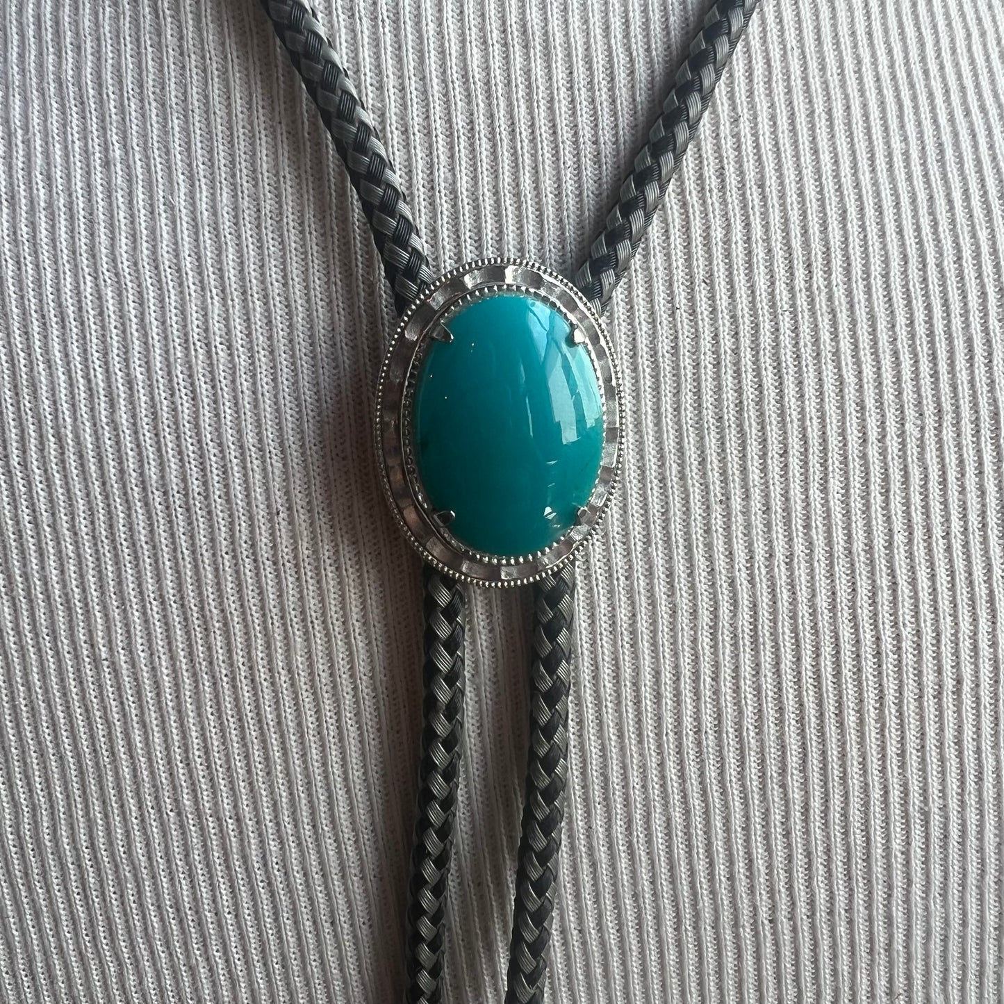 Faux Turquoise Bolo Tie on Black and White Cord