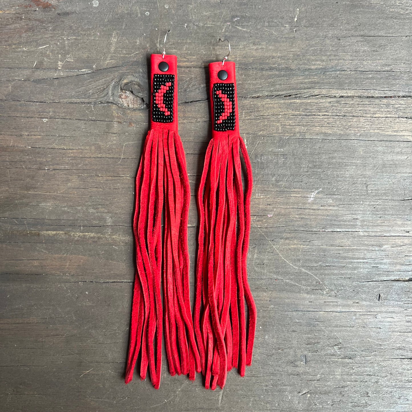 Leather Sage Red Fringe Earrings