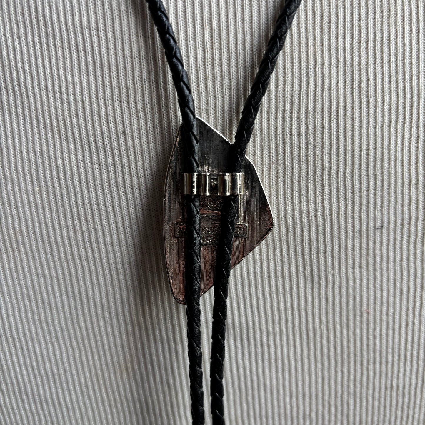 Abstract Green and Silver Bolo on Black Leather Tie