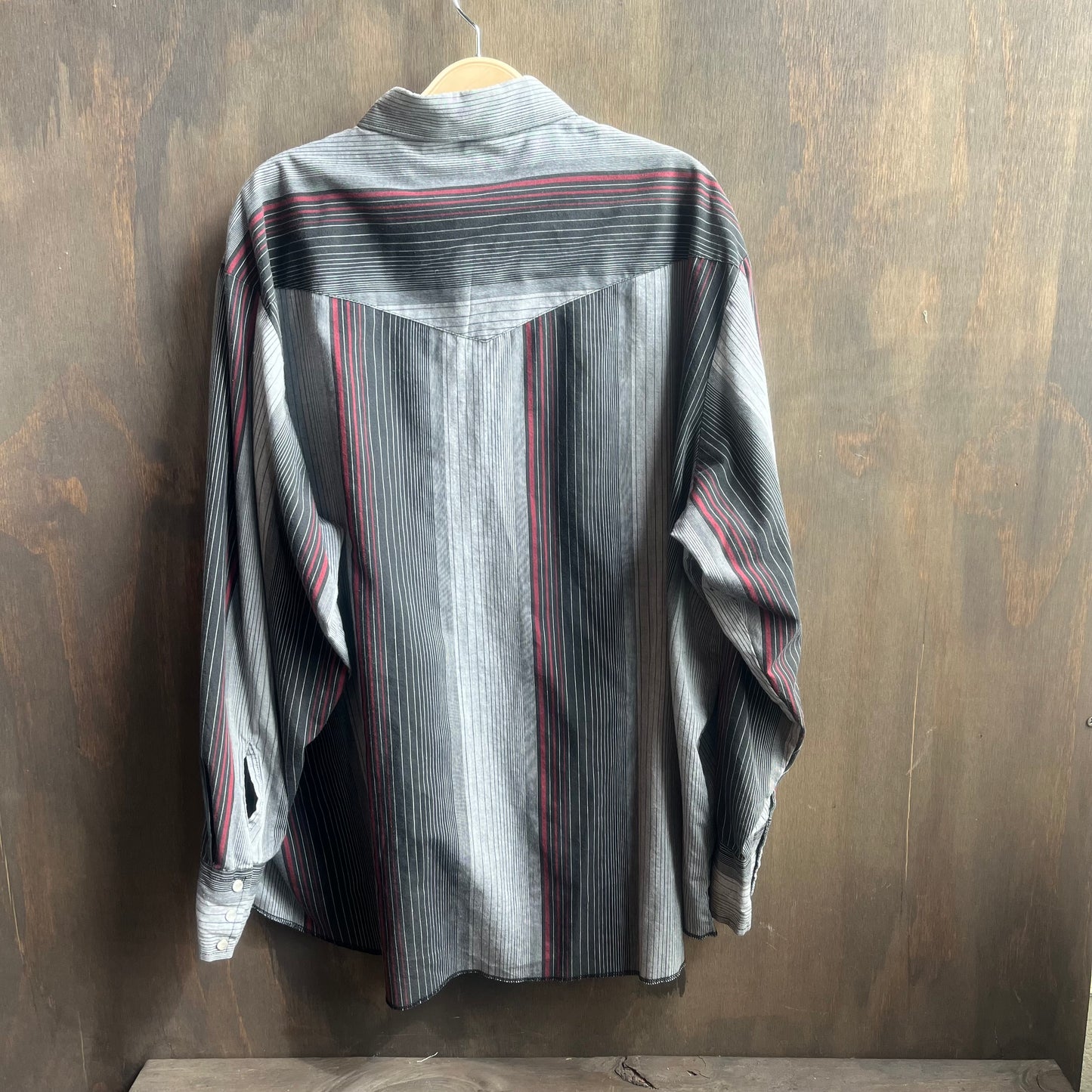 Grey Red and Black Striped Wrangler Pearl Snap