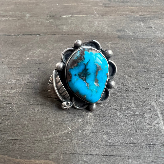 Silver and Turquoise Ring with Feather Embellishment