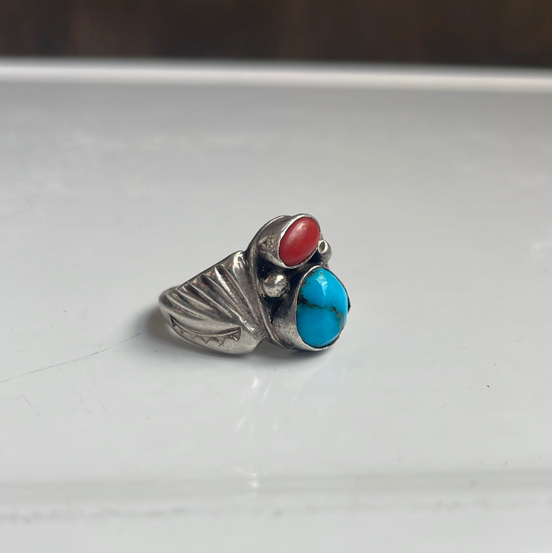 Sterling Silver, Turquoise, Coral Ring