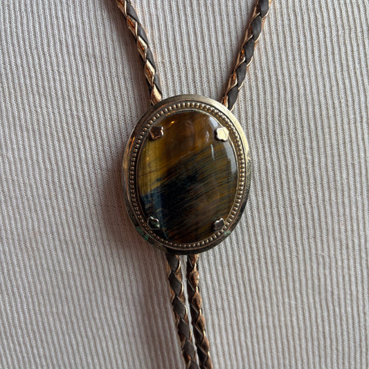 Oval Yellow Tigers Eye Bolo on Two-Tone Metallic Tie