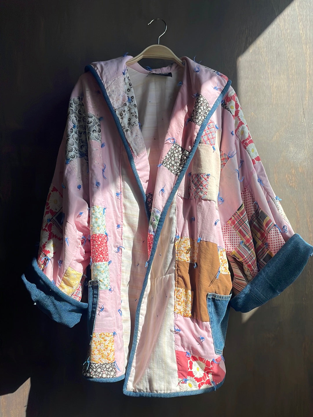 Handmade Vintage Quilt Jacket, Pink with Denim Trim