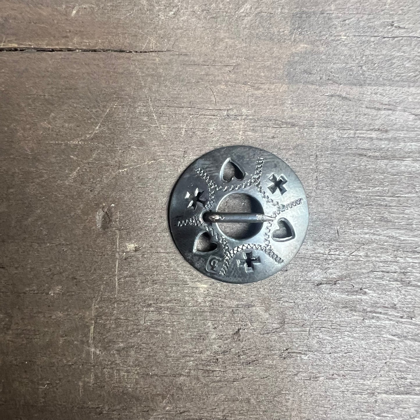 Vintage Circle Pin with Crosses and Hearts