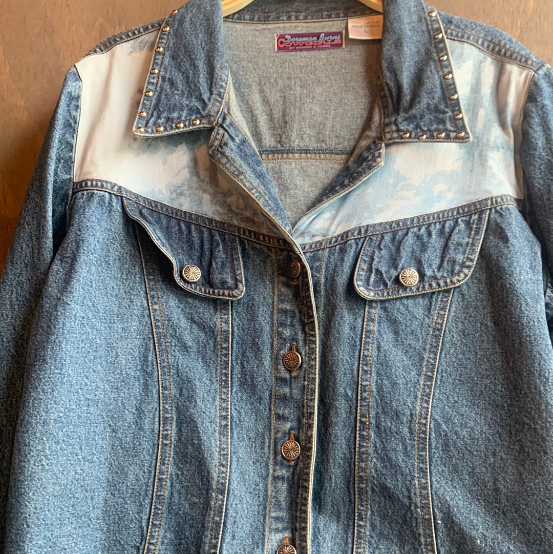 Vintage studded collar denim jacket with image woman on back
