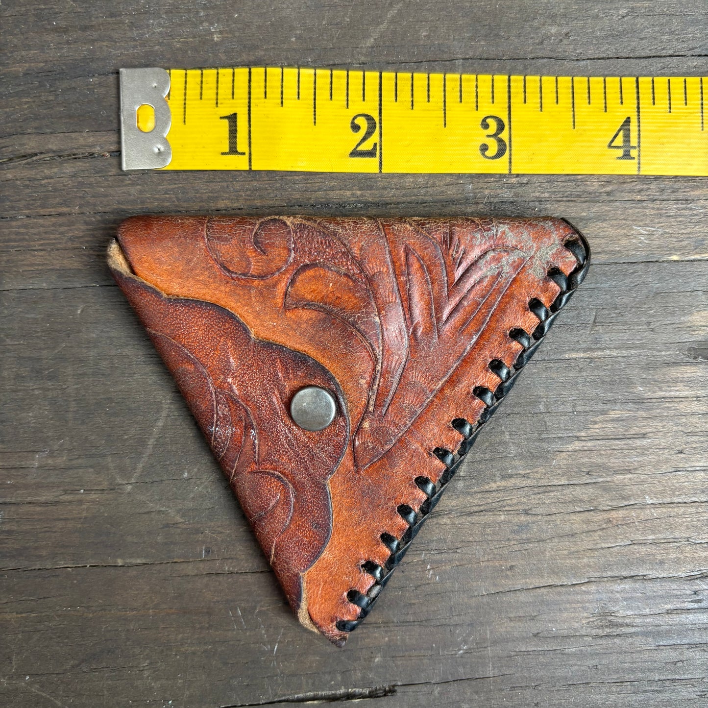 Triangular Tooled Leather Mini Pouch