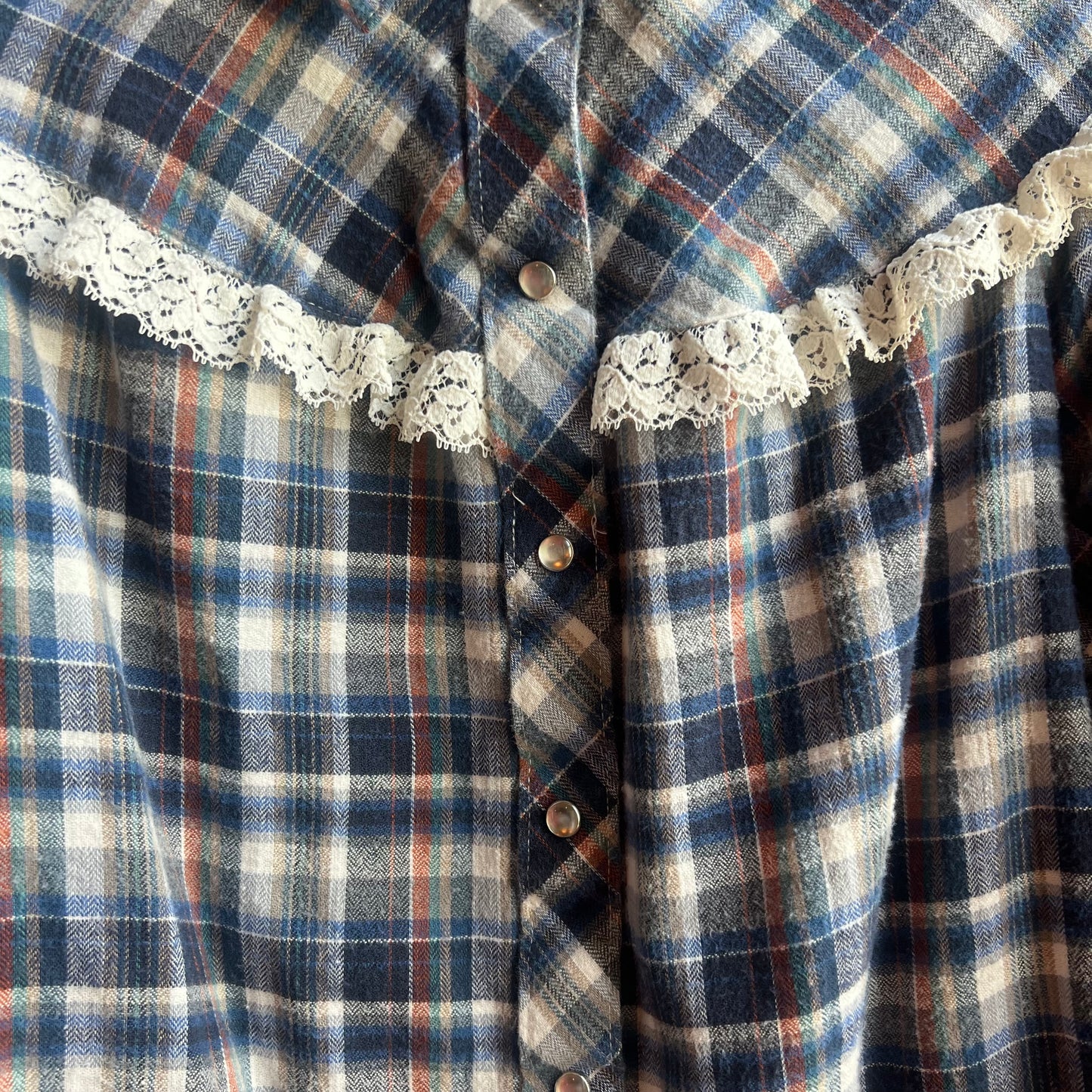 Blue Plaid Pearl Snap with Lace Trim