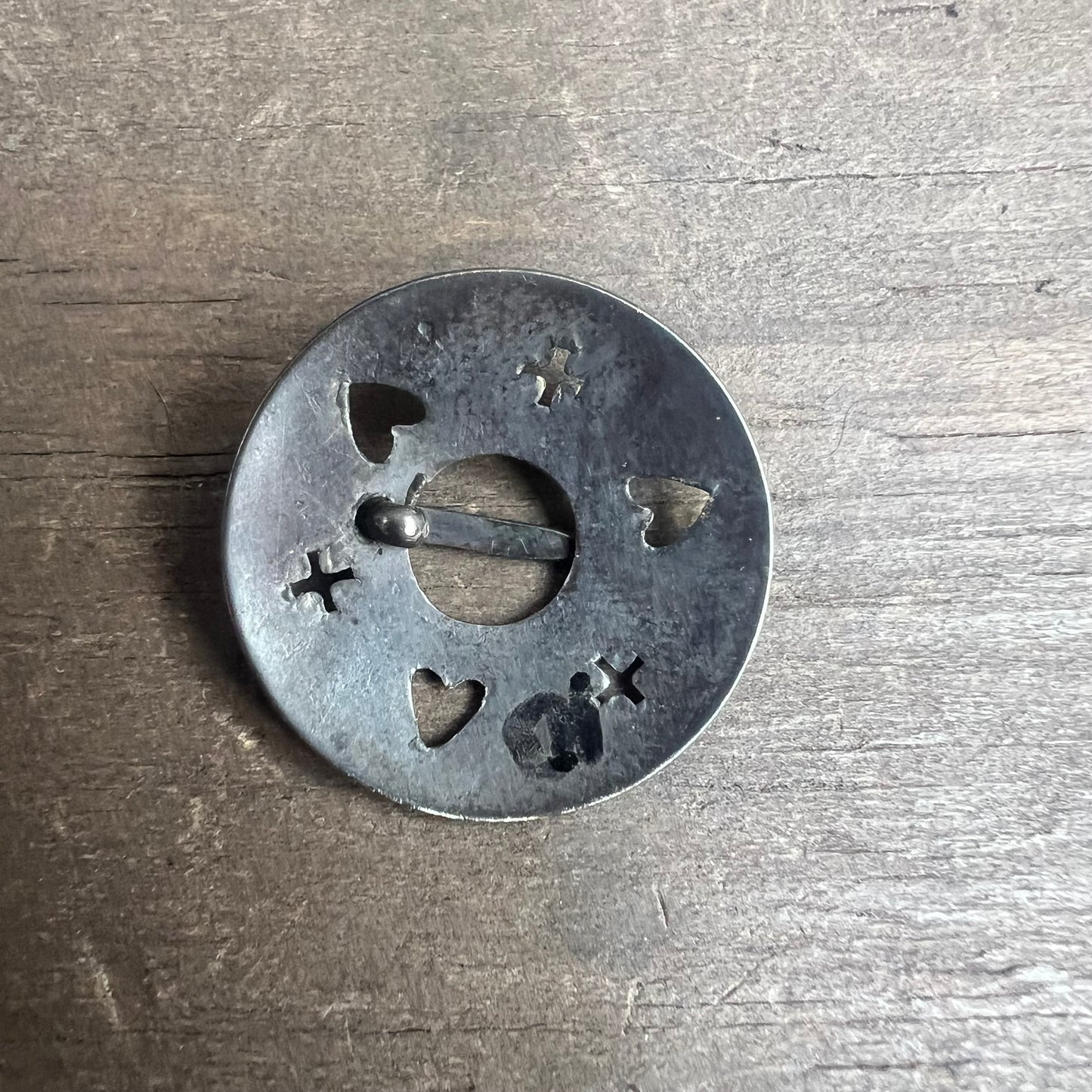 Vintage Circle Pin with Crosses and Hearts