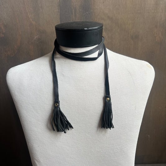 Leather Sage Black Tassel Tie