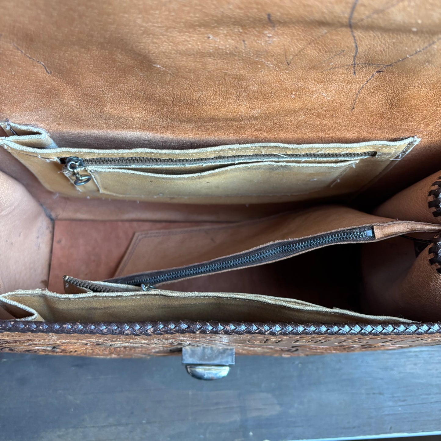 Vintage Tooled Leather Bag with Green Accent