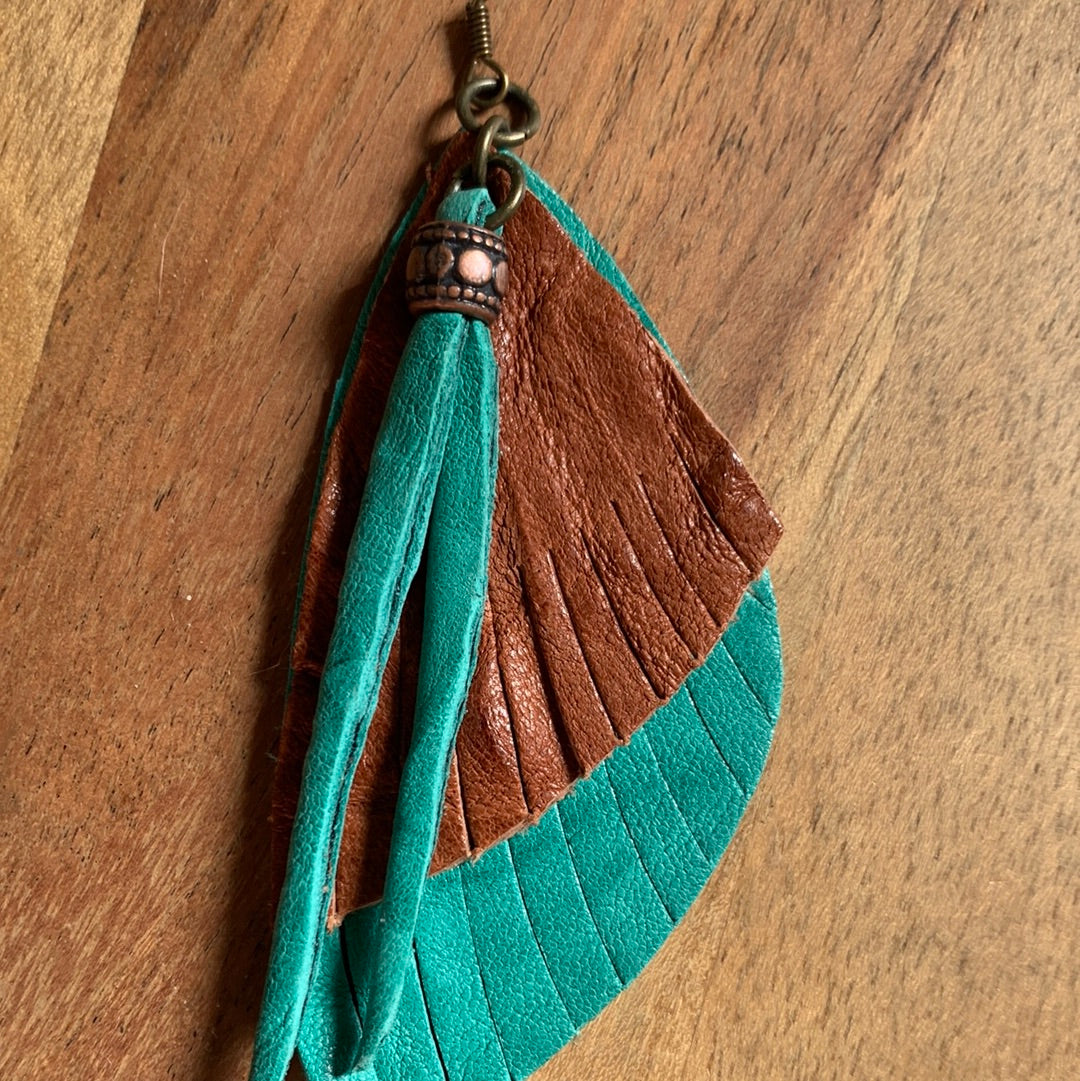 Turquoise & brown leather earrings with metal bead
