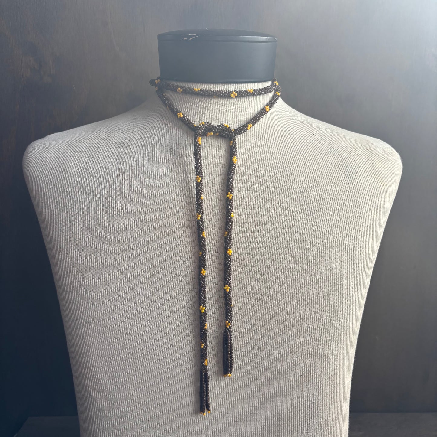 Vintage Brown and Yellow Seed Bead Tassel Necklace