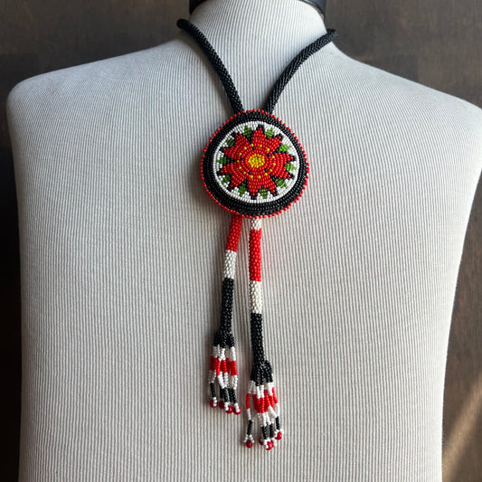 Red Dahlia Beaded Bolo Tie