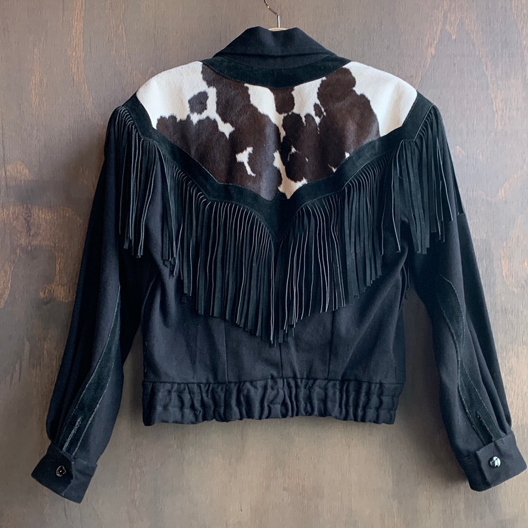 Cow Hide black denim jacket with fringe