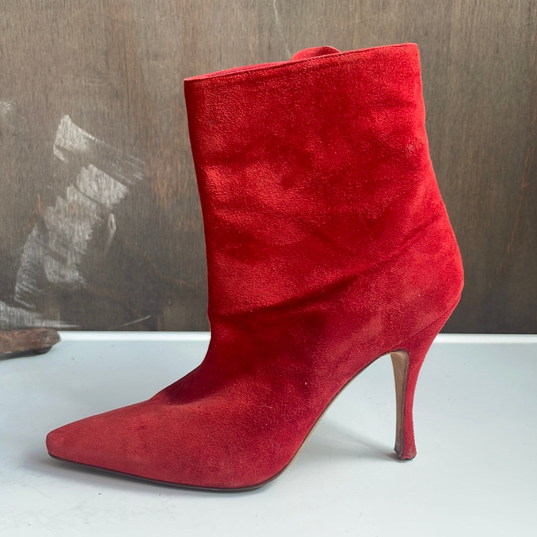 Red Suede Manolo Blahnik Heeled Booties