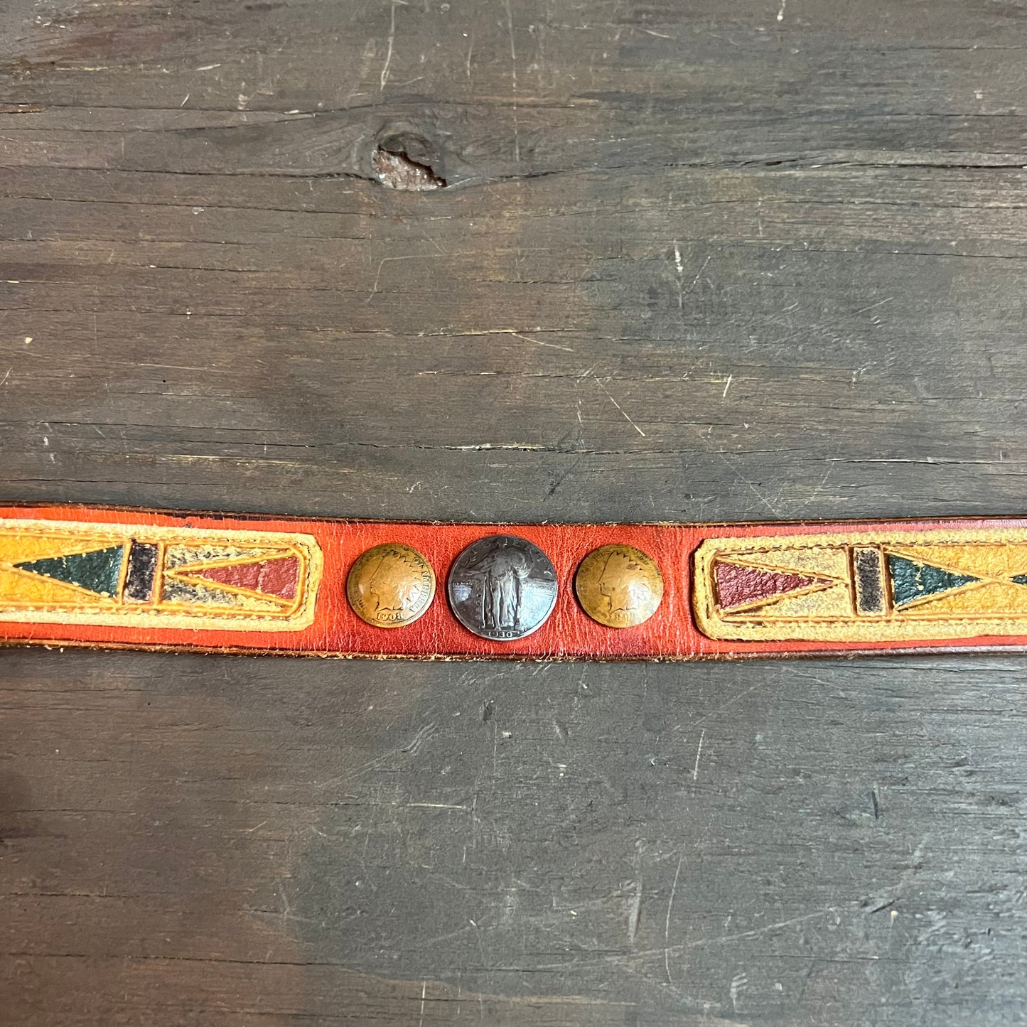 Vintage Leather Belt with Coin Embellishment