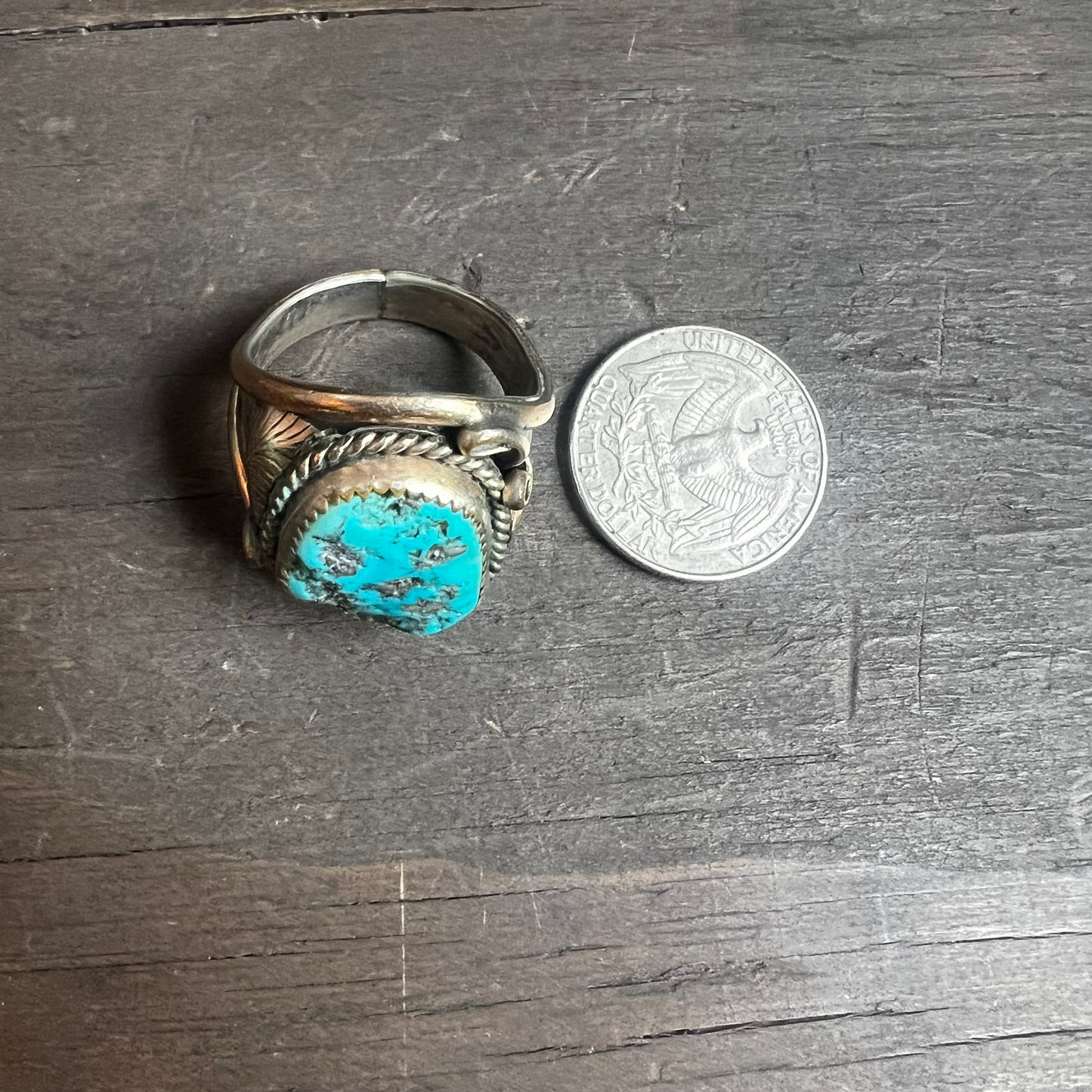 Chunky Turquoise Ring with Leaf Embellishment