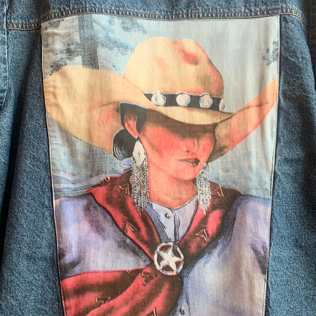 Vintage studded collar denim jacket with image woman on back
